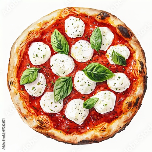 A watercolor illustration of a pizza with tomatoes, mozzarella cheese, and basil leaves. photo