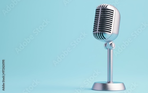 Retro-style silver microphone on a sleek stand, minimalist design, 1950s radio broadcast and live performance vibe photo