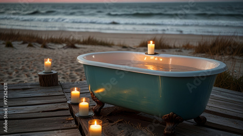 Outdoor bathtub on beach with candles and sea view. Romantic calm and wellbeing atmosphere. Spa and relaxation therapy in twilight