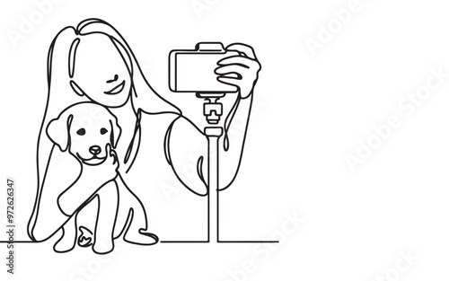 Continuous one line black hand drawing of woman staying with her a dog she is taking a self portrait. illustration vector on white