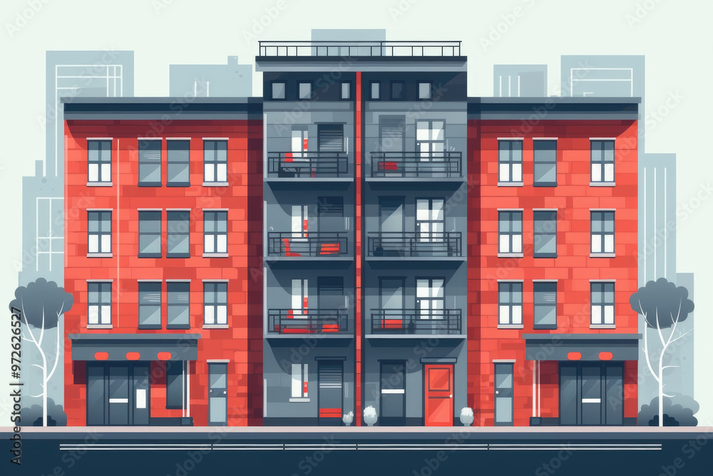 A striking urban apartment building features a bold red exterior with balconies, surrounded by contemporary city architecture in bright daylight A striking urban apartment building features a bold red exterior with balconies, surrounded by contemporary city architecture in bright daylight
