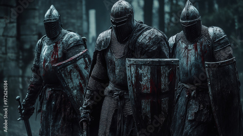 Dark medieval knights in armor, covered in blood, stand together in foreboding forest. Their imposing presence evokes sense of danger and mystery