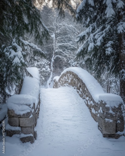 Fresh Snow Blanketing an Ancient Stone Bridge photo