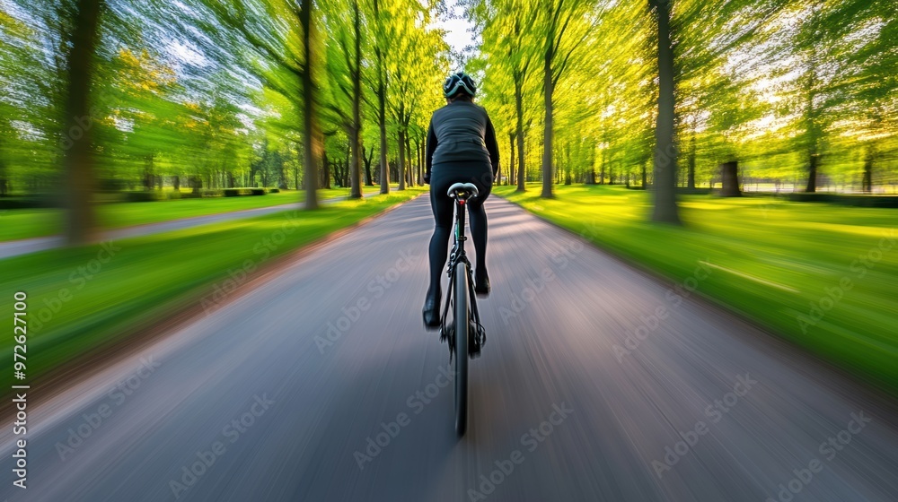 Fototapeta premium A person riding a bike down the middle of a road, AI