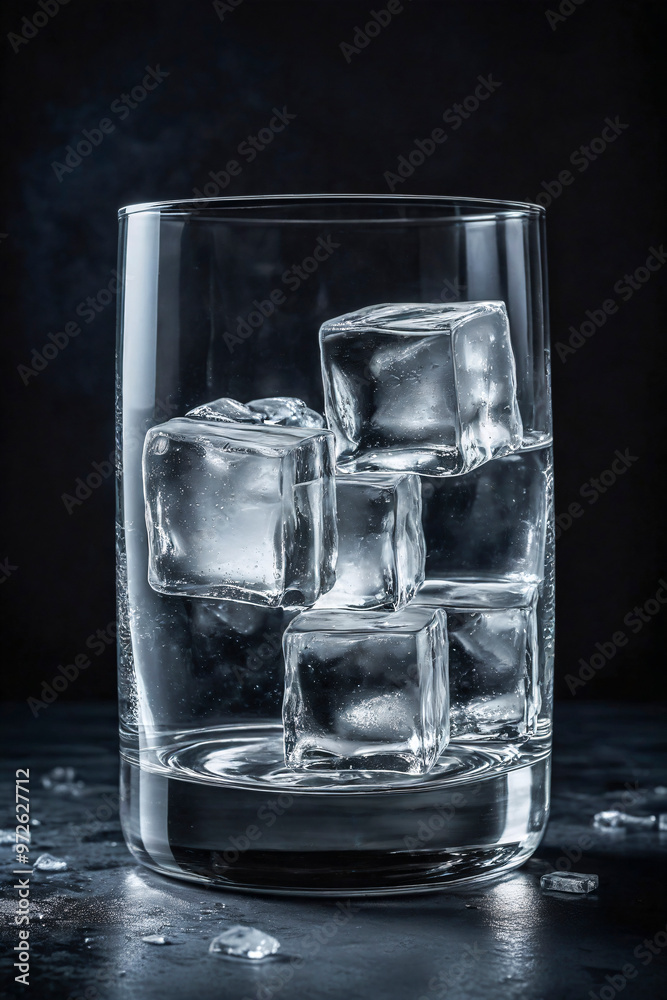 Glass of clear vodka with ice cubes moody and dark background. Glass of clear vodka with ice cubes moody and dark background.