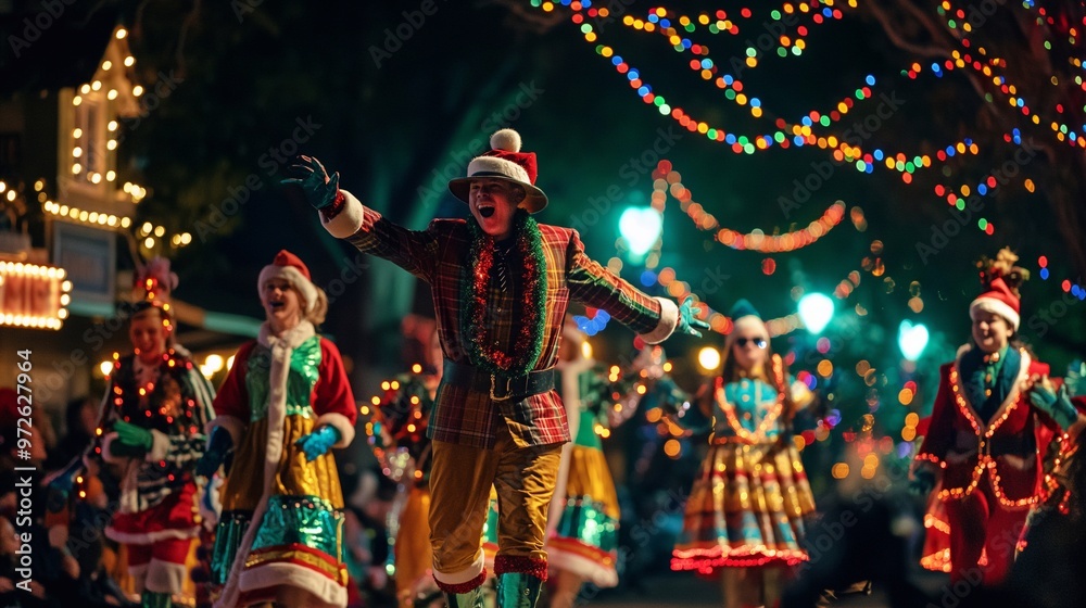 costumed performers waving during a nighttime parade with illuminated costumes and floats. The street is crowded with spectators enjoying the action costumed performers waving during a nighttime parade with illuminated costumes and floats. The street is crowded with spectators enjoying the action