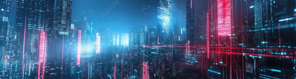 Obraz premium Futuristic cityscape with illuminated skyscrapers and neon lights, showcasing advanced technology and digital innovation.