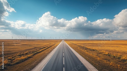A wide highway cutting through a flat landscape, with wind turbines in the distance.