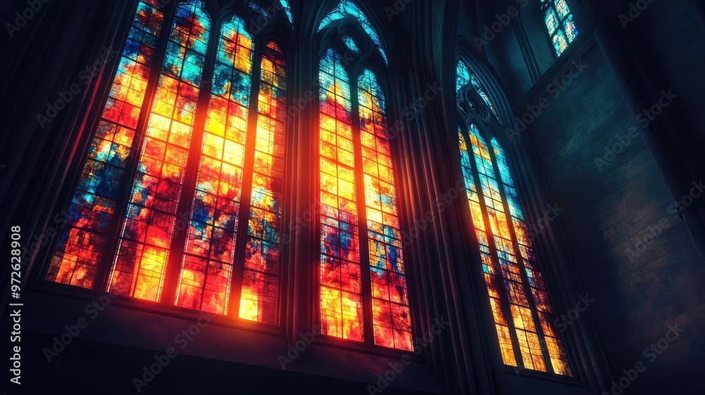 Obraz premium Vibrant stained glass windows illuminate a serene space, showcasing colorful designs that inspire awe and reflection.