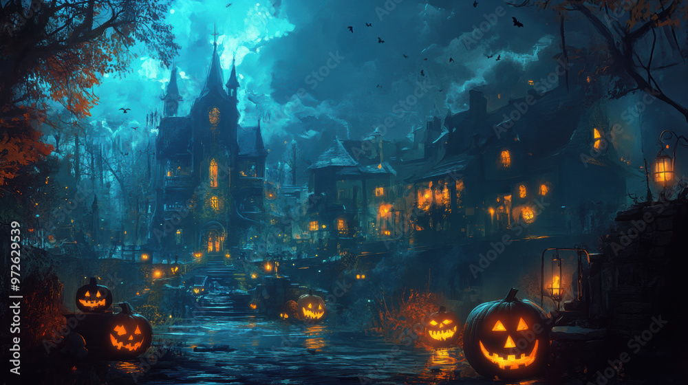 A spooky Halloween scene featuring haunted mansion surrounded by glowing jack o lanterns and misty atmosphere. eerie blue tones create mysterious and enchanting vibe A spooky Halloween scene featuring haunted mansion surrounded by glowing jack o lanterns and misty atmosphere. eerie blue tones create mysterious and enchanting vibe