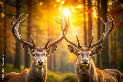 Majestic pair of deer antlers, intricately branched with warm golden light highlighting the rugged texture, set against photo