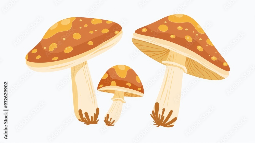 Three vibrant mushrooms stand tall, their caps adorned with yellow spots against a crisp white background Three vibrant mushrooms stand tall, their caps adorned with yellow spots against a crisp white background