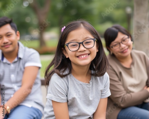 there is a young girl sitting on a bench with her parents.