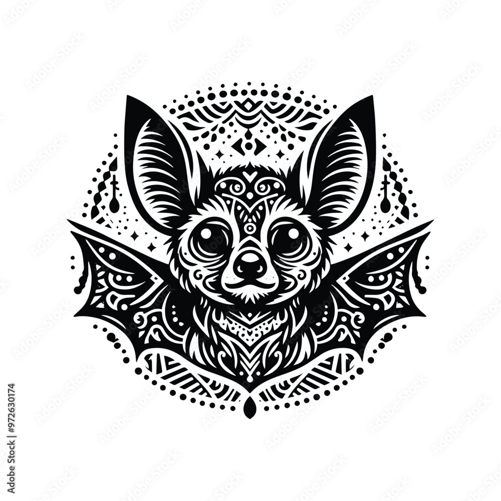 Fototapeta premium Bat in bohemian black and white silhouette illustration
