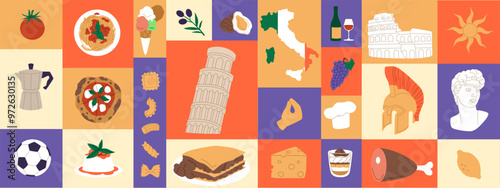 Italy illustration. Italian food. Pisa tower icon. Wine bottle. Pasta and pizza. Rome culture. Olive brunch. Summer vacation. Doodle collage. Gladiator helmet. Clipart travel sight. Vector cartoon set