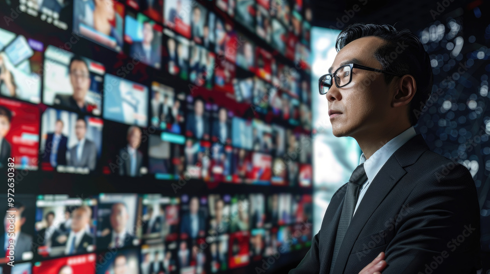 Fototapeta premium A business professional stands thoughtfully, observing multiple digital news displays in a contemporary office setting at night