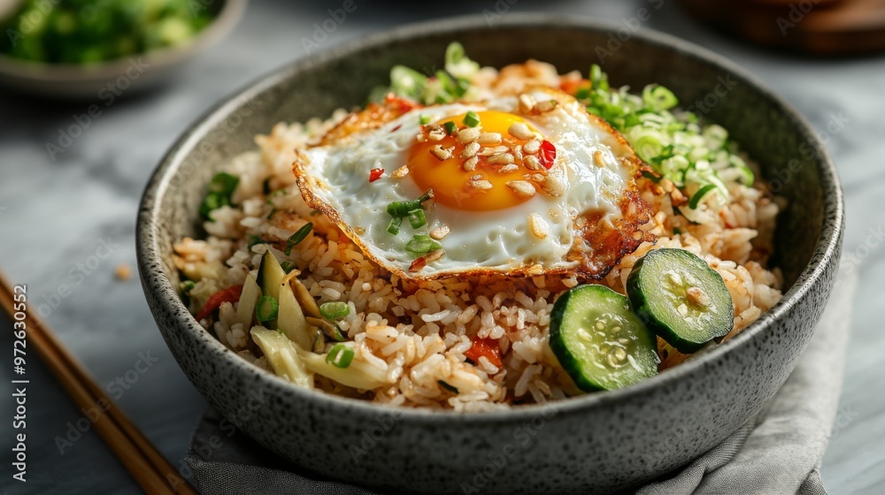 Delicious fried rice with a fried egg, cucumber slices, and scallions in a bowl. Delicious fried rice with a fried egg, cucumber slices, and scallions in a bowl.