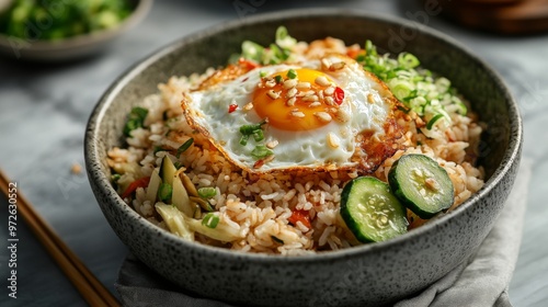 Delicious fried rice with a fried egg, cucumber slices, and scallions in a bowl.