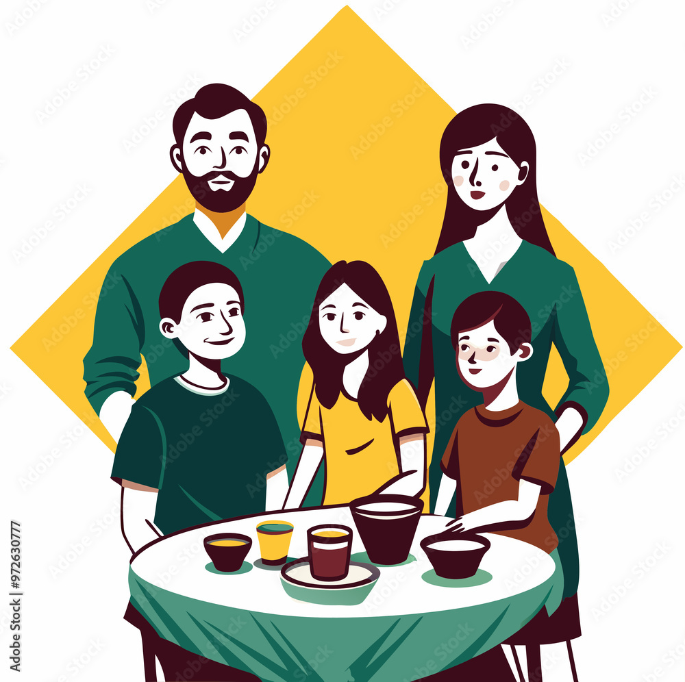 Family gathering with cheerful expressions, enjoying a meal at a table, on a bright yellow background Family gathering with cheerful expressions, enjoying a meal at a table, on a bright yellow background