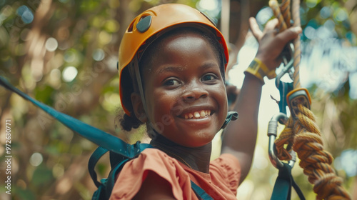 The girl beams with joy while harnessed and ready for an exciting outdoor climbing experience in the forest