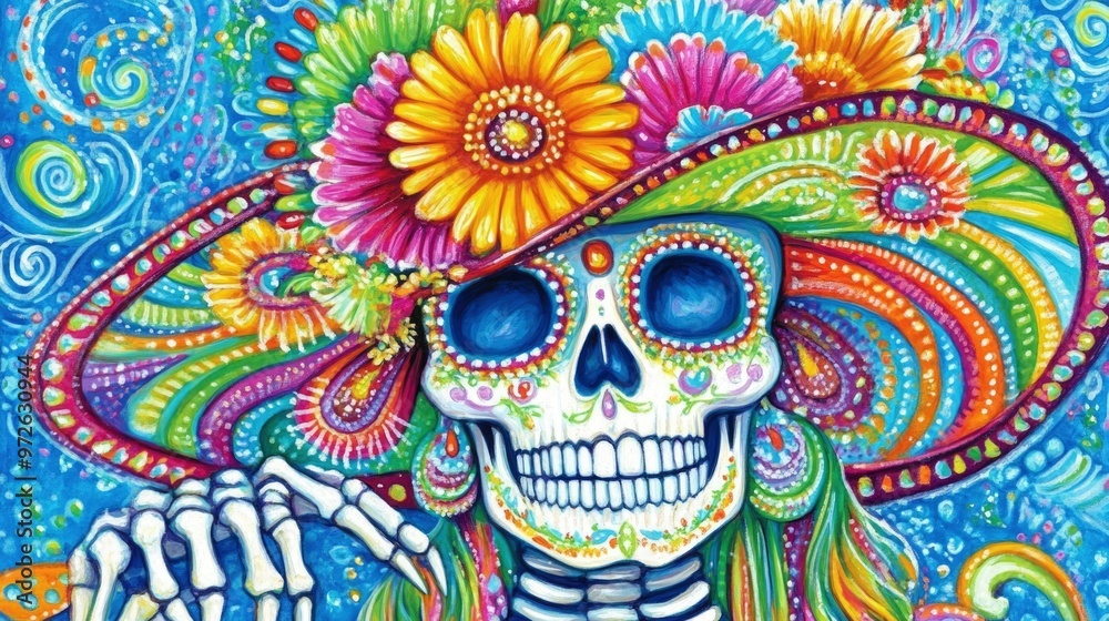 Vibrant Day of the Dead Sugar Skull Art with Floral Motifs Vibrant Day of the Dead Sugar Skull Art with Floral Motifs