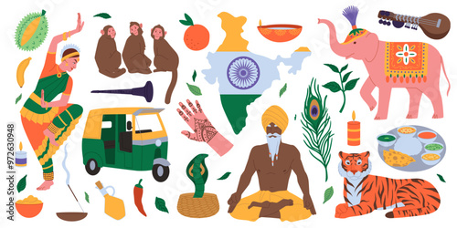 India culture. Indian map. Tourism in Delhi. Traditional food. National dress. Elephant and tiger. Lotus yoga asana. Travel sightseeing. Mosque monument. Fakir snake. Hinduism temple. Vector Hindu set
