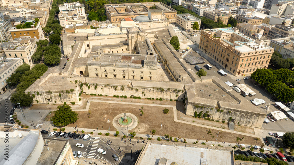 Fototapeta premium Aerial view of the Castle of Charles V, also known as the Castle of Lecce, is a fortress in the historic center of Lecce, Puglia, Italy. It was first built in the Middle Ages.