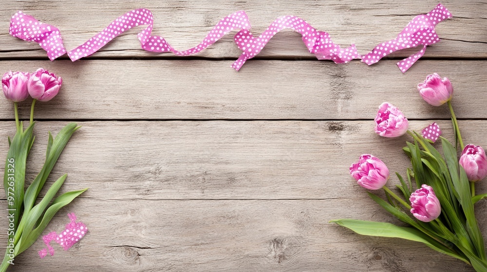 Spring floral frame with pink tulips and polka dot ribbon on rustic wood Spring floral frame with pink tulips and polka dot ribbon on rustic wood
