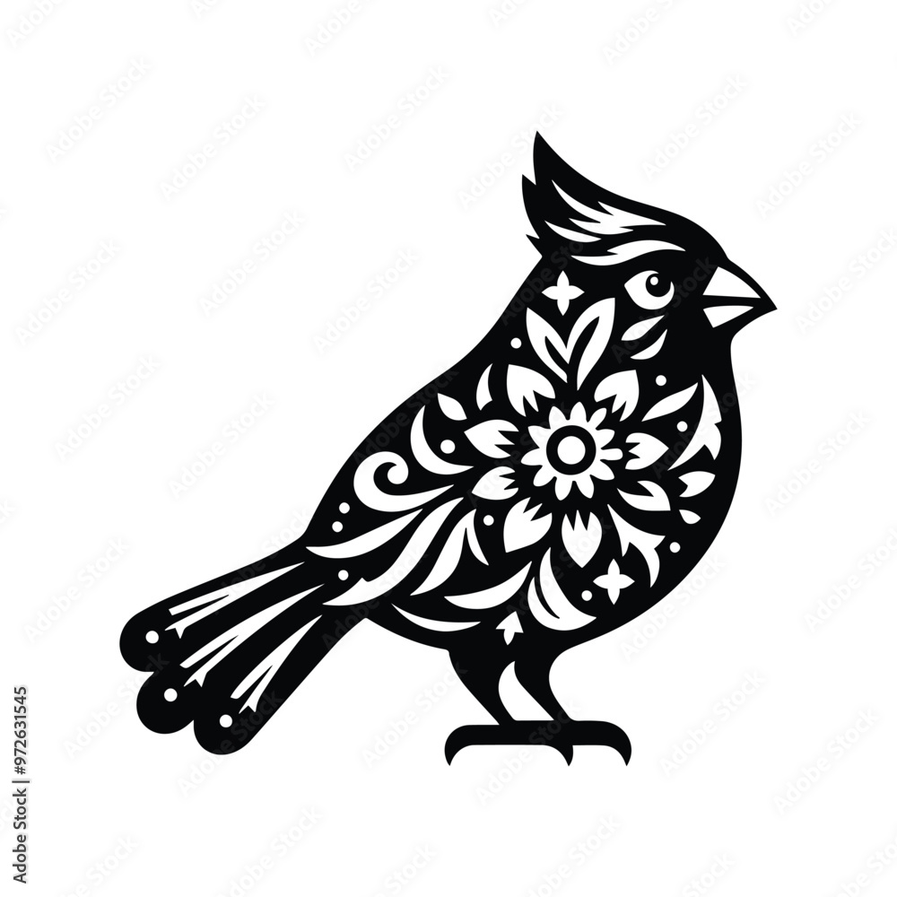 Obraz premium Cardinal bird in folk art black and white silhouette illustration