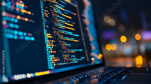 Programming code on a laptop screen with glowing reflections during a late-night coding session. Focused software developer working on code.