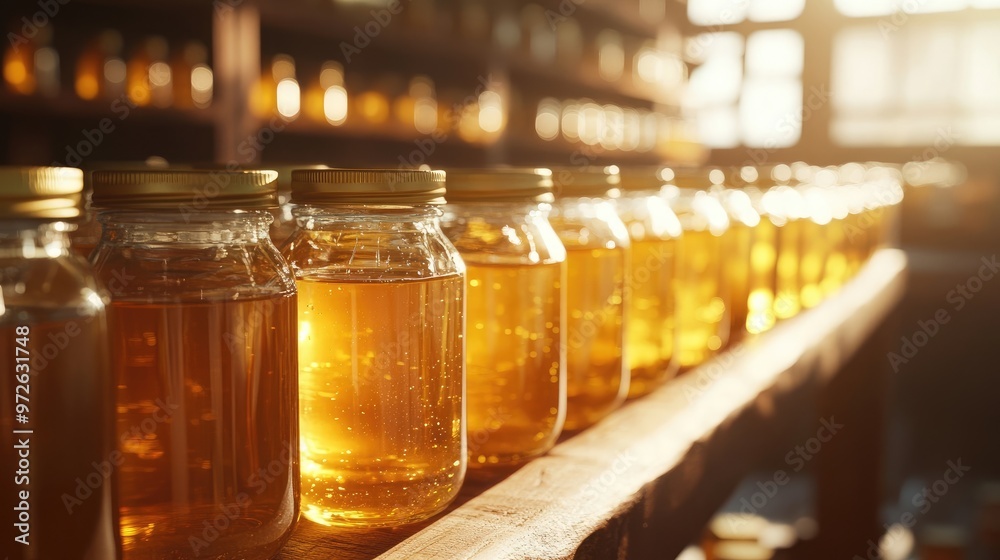 Clear Honey Jars in Rustic Arrangement, Bathed in Warm Sunlight, Representing Nature's Pure Sweetness