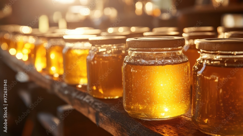Clear Honey Jars in Rustic Arrangement, Bathed in Warm Sunlight, Representing Nature's Pure Sweetness Clear Honey Jars in Rustic Arrangement, Bathed in Warm Sunlight, Representing Nature's Pure Sweetness