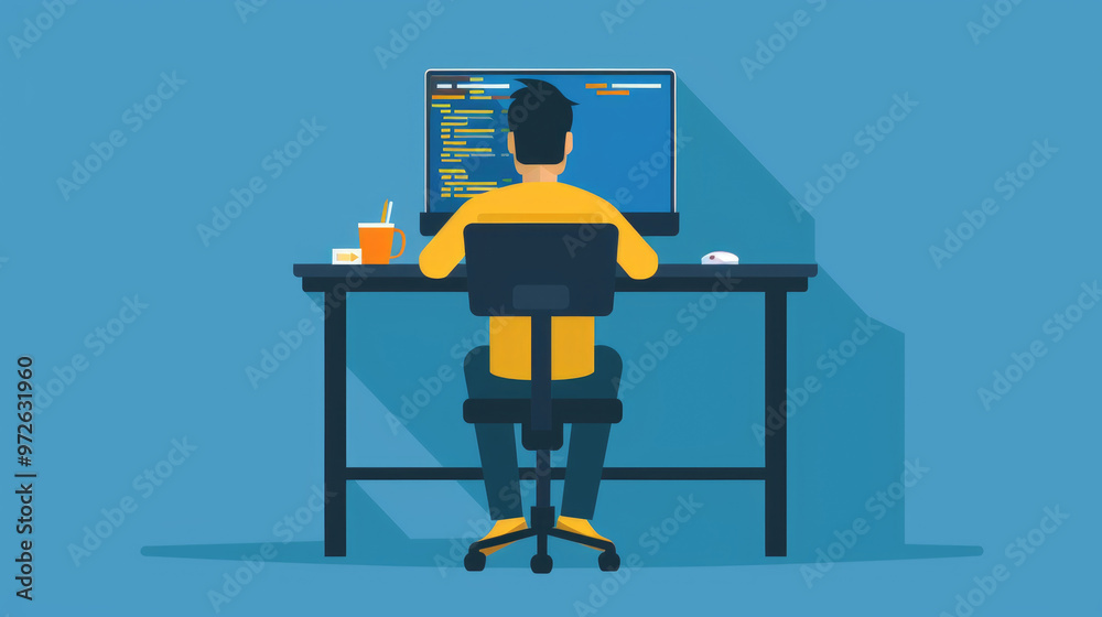 A person focused on coding at their desk with a computer, enjoying a drink in a well-lit blue environment A person focused on coding at their desk with a computer, enjoying a drink in a well-lit blue environment