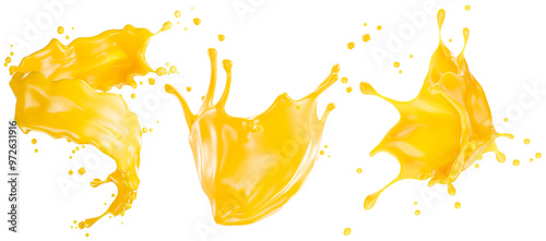 set of orange juice splashes isolated on a white background. 3d render
