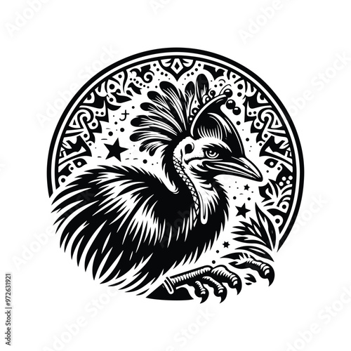 Cassowary bird in bohemian black and white silhouette illustration photo