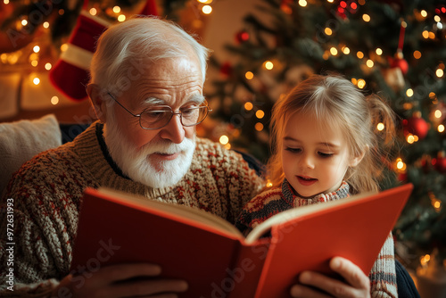 A mid shot of an elderly man reading a Christmas story to his granddaughter by the fireplace, creating a warm and heartwarming holiday scene perfect for family oriented seasonal greetings photo