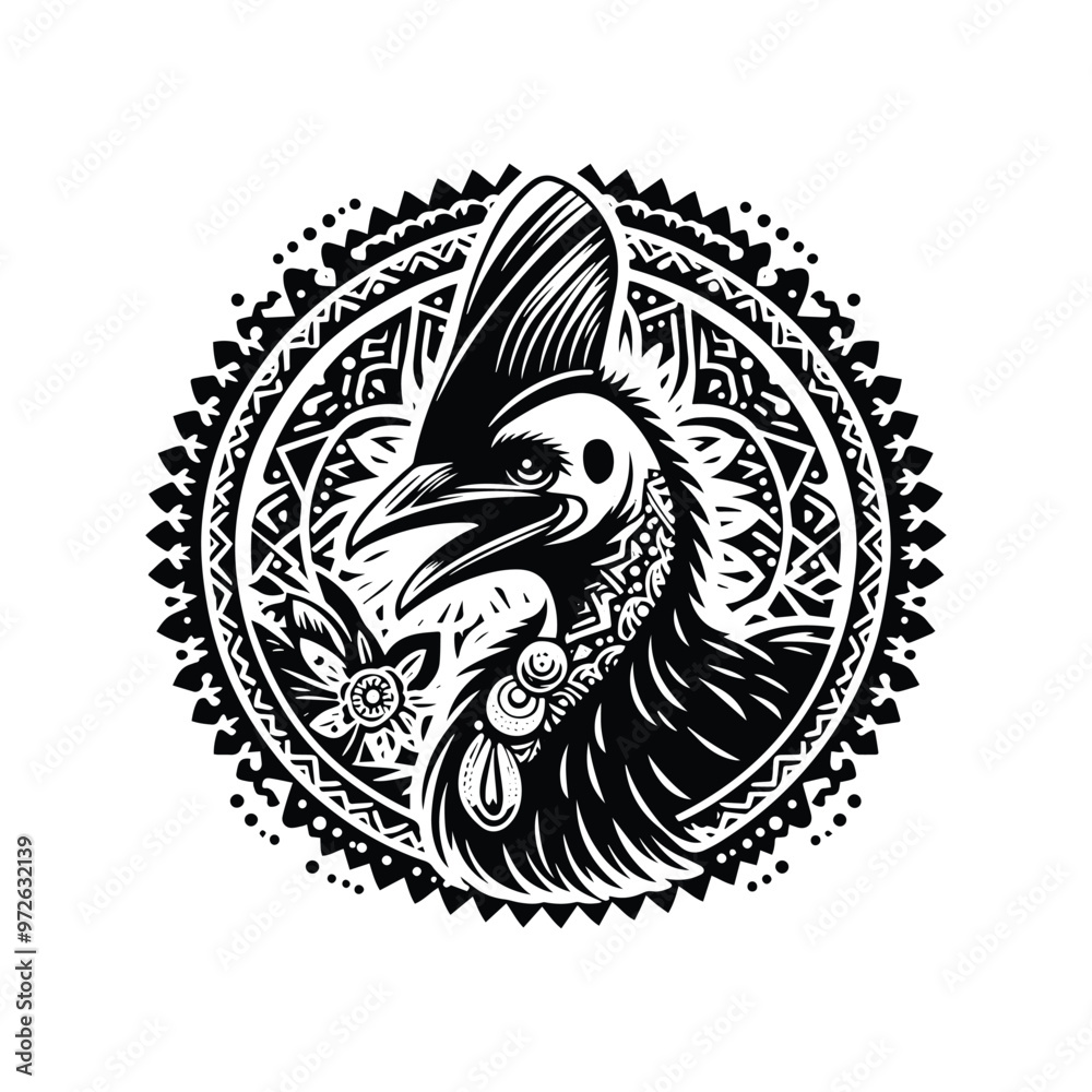 Fototapeta premium Cassowary bird in bohemian black and white silhouette illustration