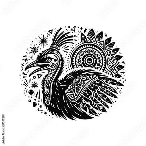 Cassowary bird in bohemian black and white silhouette illustration photo