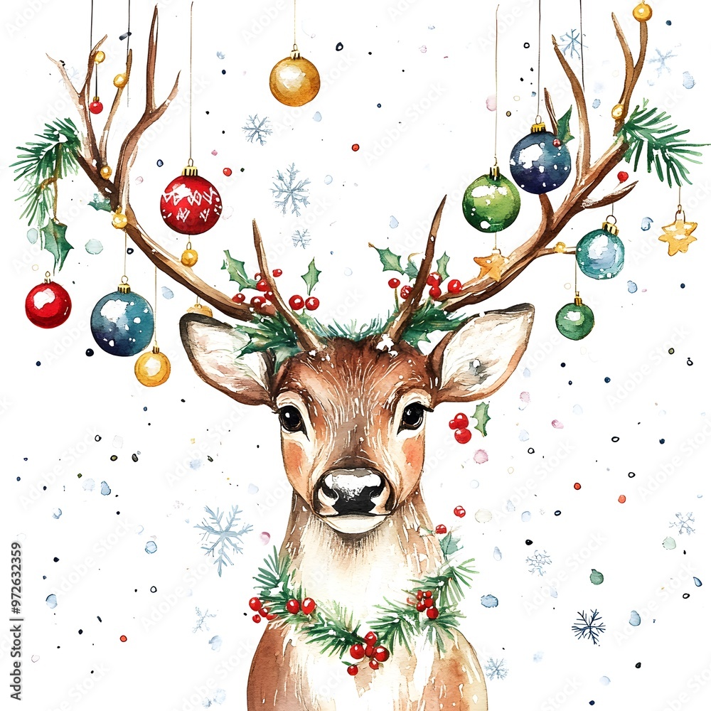 Naklejka premium Watercolor Christmas Reindeer with Baubles and Snowflakes