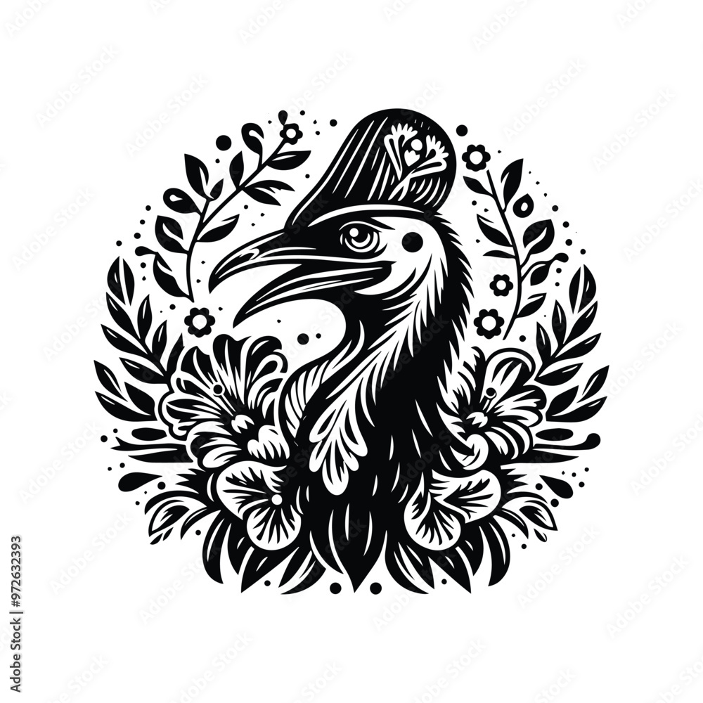 Obraz premium Cassowary bird in folk art black and white silhouette illustration