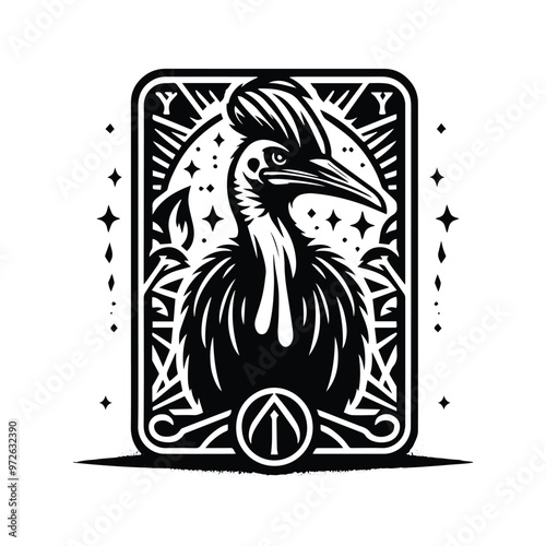 Cassowary bird in Tarot card black and white silhouette illustration photo