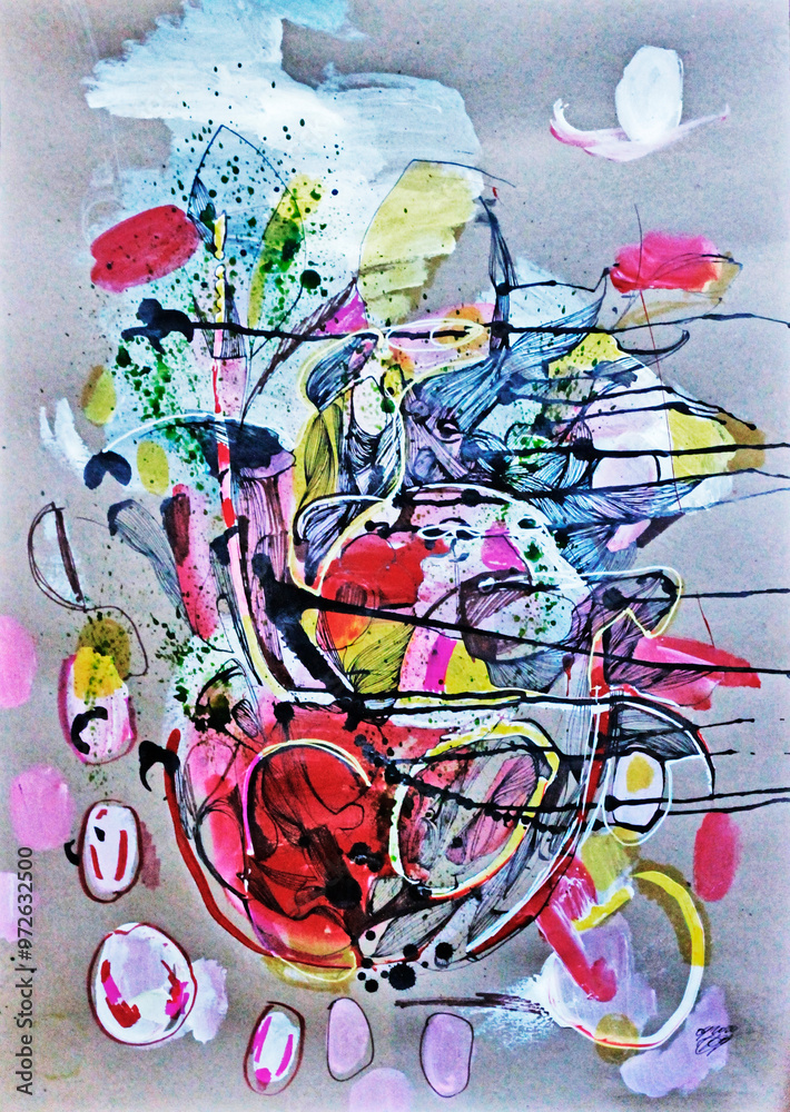 Fototapeta premium Contemporary oil painting Painting and graphic art Fish lines black artist smears of ink paper abstraction. Acrylic, ink, cardboard, new media. Painting art artist mark making contemporary art. Artist