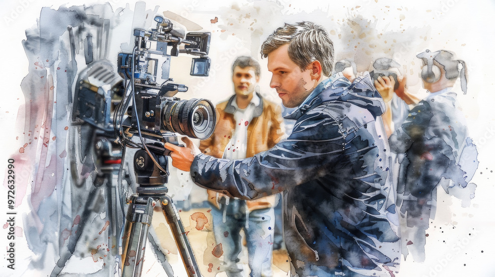 A filmmaker meticulously adjusts his camera gear while colleagues engage in various media activities at a busy urban event A filmmaker meticulously adjusts his camera gear while colleagues engage in various media activities at a busy urban event
