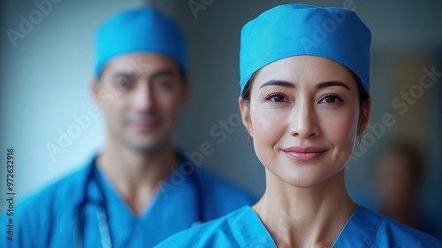 Two medical staff members in blue scrubs exude professionalism and empathy in their work