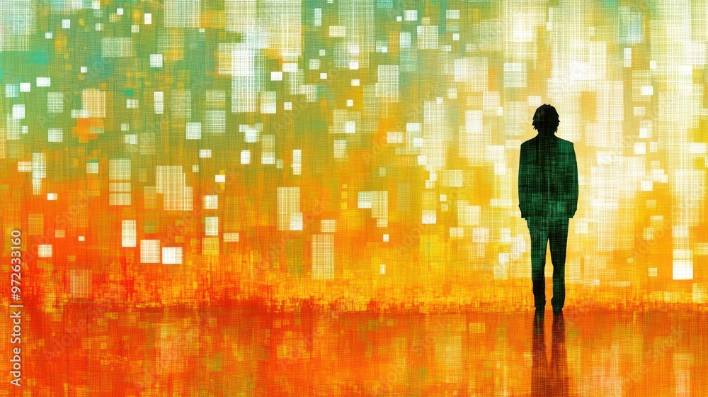 A lone figure reflects on possibilities against a vibrant digital pixel backdrop A lone figure reflects on possibilities against a vibrant digital pixel backdrop