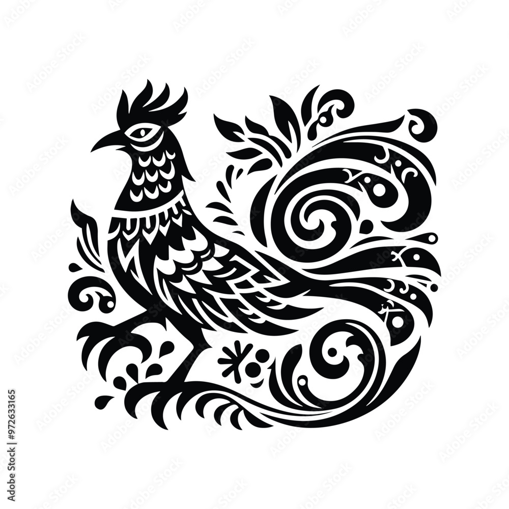 cendrawasih bird in folk art black and white silhouette illustration cendrawasih bird in folk art black and white silhouette illustration