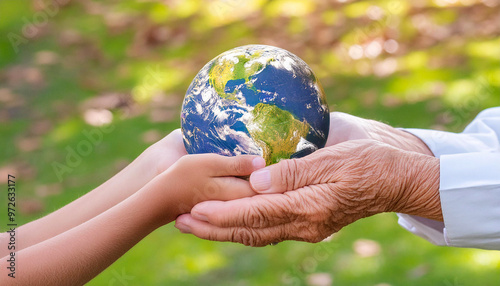 Fototapeta Naklejka Na Ścianę i Meble -  Elderly hands give the globe into children's hands. The concept of an environmentally friendly attitude towards the Earth and the opportunity to pass it on to descendants