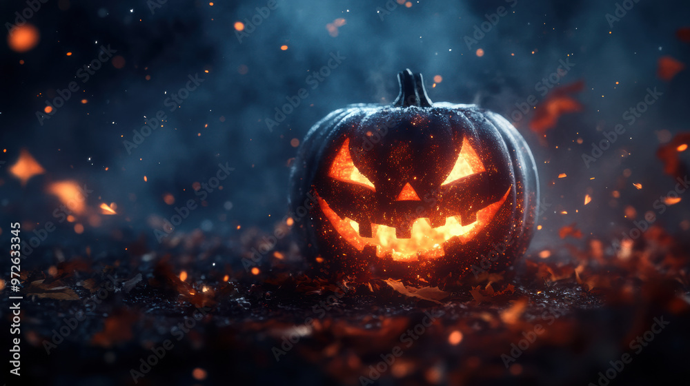 A glowing jack o lantern sits amidst swirling smoke and autumn leaves, creating spooky Halloween atmosphere. carved pumpkins mischievous grin adds to eerie charm of scene A glowing jack o lantern sits amidst swirling smoke and autumn leaves, creating spooky Halloween atmosphere. carved pumpkins mischievous grin adds to eerie charm of scene