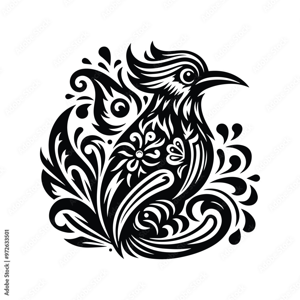 cendrawasih bird in folk art black and white silhouette illustration cendrawasih bird in folk art black and white silhouette illustration