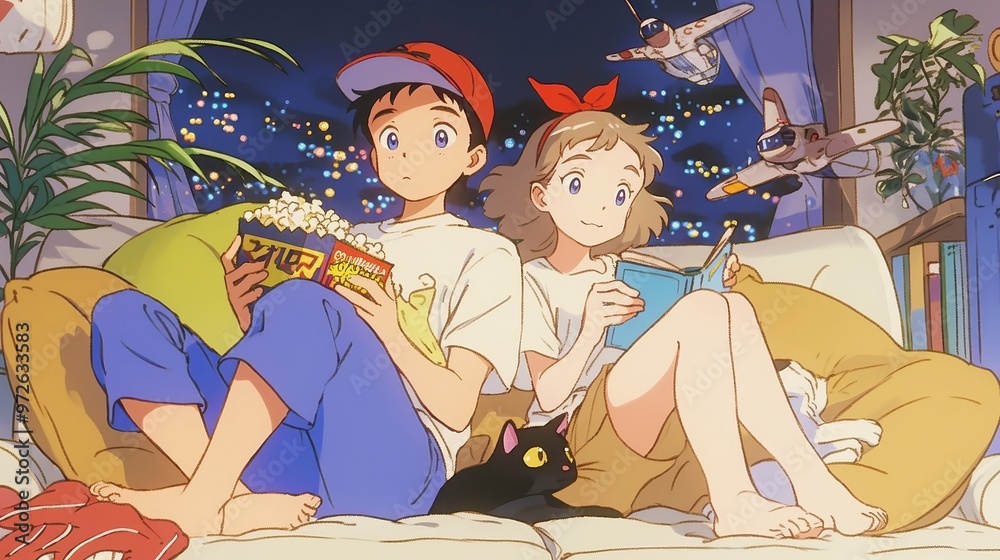 Naklejka premium VHS Movie Night, Animated teenagers enjoying a nostalgic movie experience, surrounded by popcorn and pillows, capturing the essence of 90s home entertainment fun.
